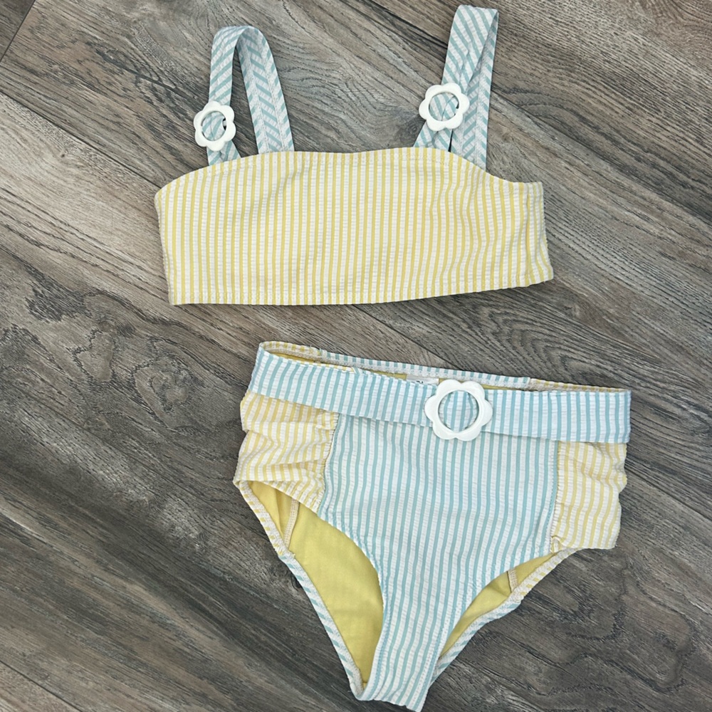 C&C California girls blue yellow striped bikini bathing suit girls size 8